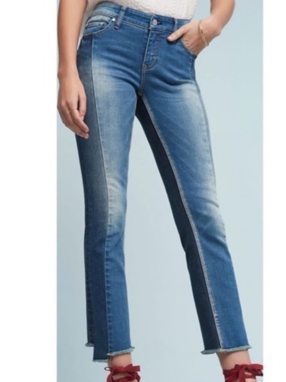 Pilcro Anthropologie Parallel Denim Color Block Raw Step Hem Boho Festival Jeans